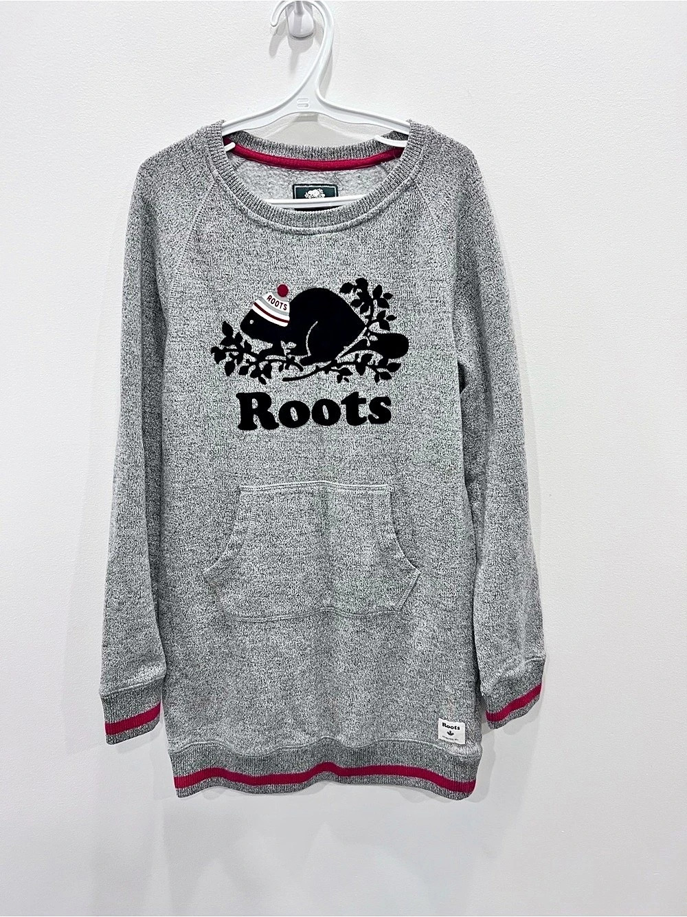 Roots Kids Beaver Sweatshirt Dress Grey XL 11-12 Kangaroo Pocket